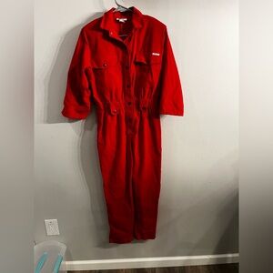 VTG 80s  Dream collared Corduroy Cherry Red Jumpsuit romper Wide Leg Button Up